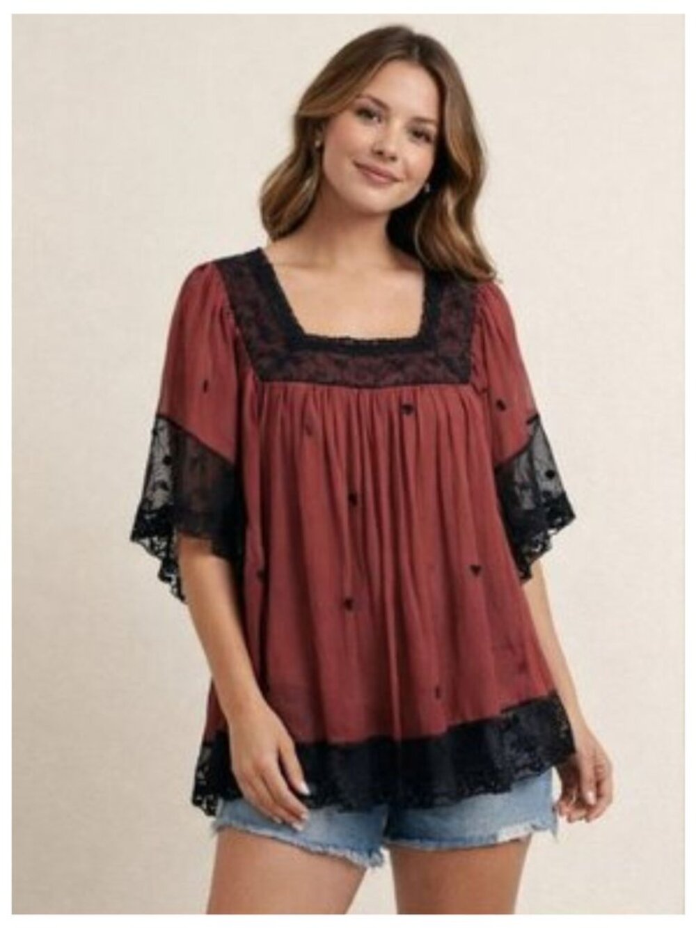 BADGLEY MISCHKA AMERICAN GLAMOUR Lace Flowy Peasant Blouse Burgundy/Black M